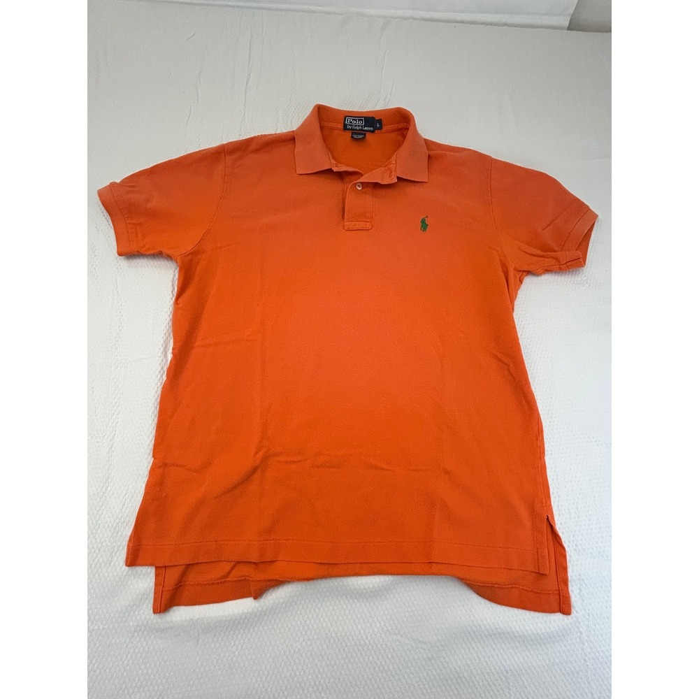 Polo Ralph Lauren Mens Orange Short Sleeve Pique Polo Shirt Green Pony Size L
